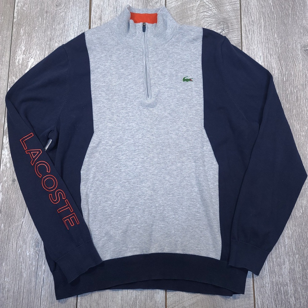Lacoste Sport Pullover Men XL Blue Grey Colorblock Quarter Zip Lightweight